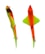 Two brightly colored fishing lures are displayed, featuring a combination of neon orange and green hues. The lures have an aerodynamic shape with fish-like features and include visible hooks.