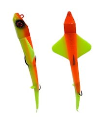 Two brightly colored fishing lures are displayed, featuring a combination of neon orange and green hues. The lures have an aerodynamic shape with fish-like features and include visible hooks.