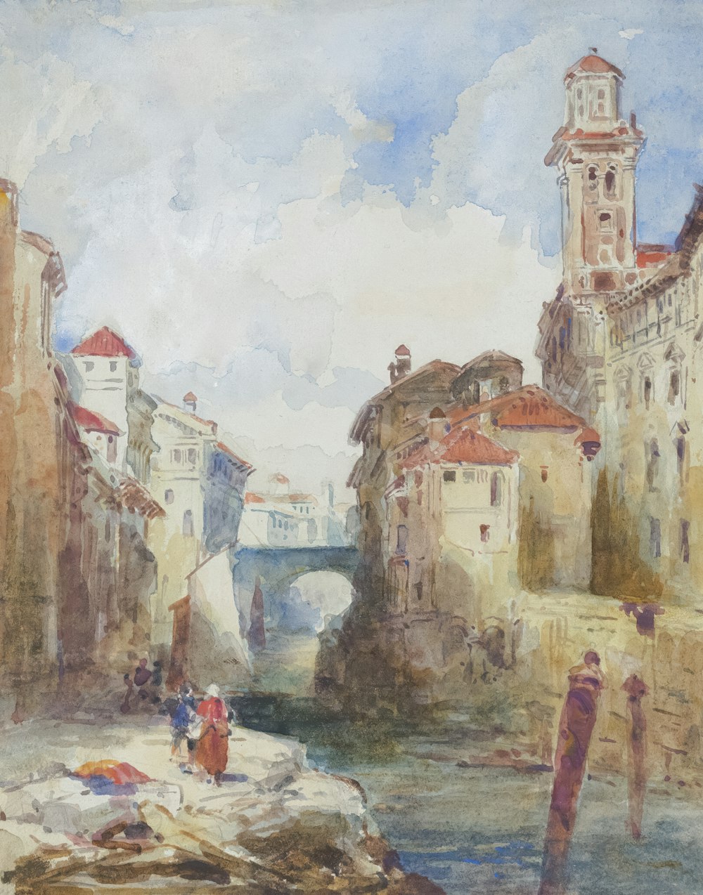 a painting of a river with a bridge in the background