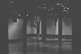 A dark, monochromatic indoor space with several wooden pillars and dim lighting. The area appears to be an empty gallery or exhibition room, with spotlights overhead. The ambiance is shadowy and somewhat mysterious.