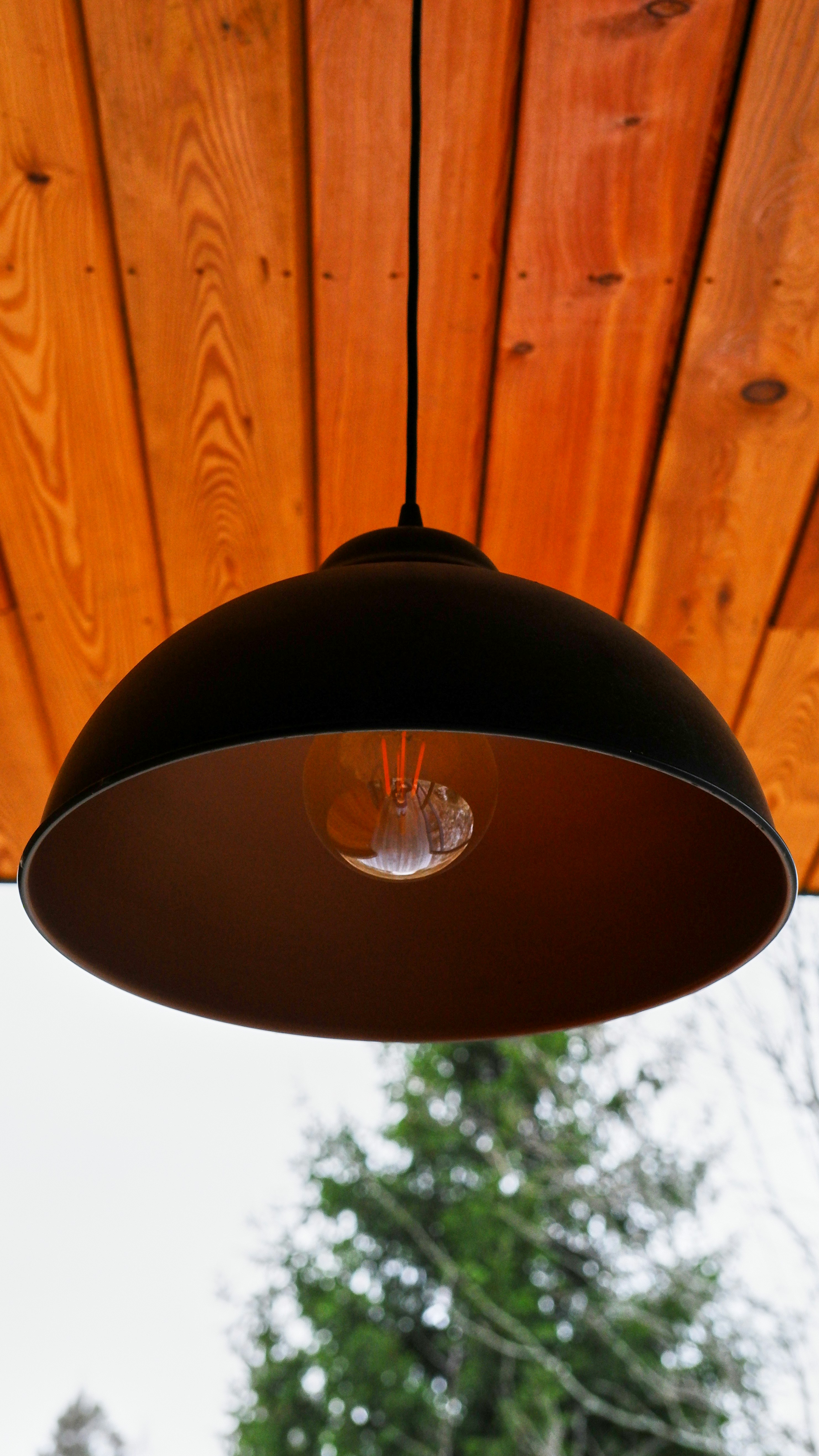 Black iron cage pendant lamp with exposed Edison filament bulb hanging above a reclaimed wood kitchen island