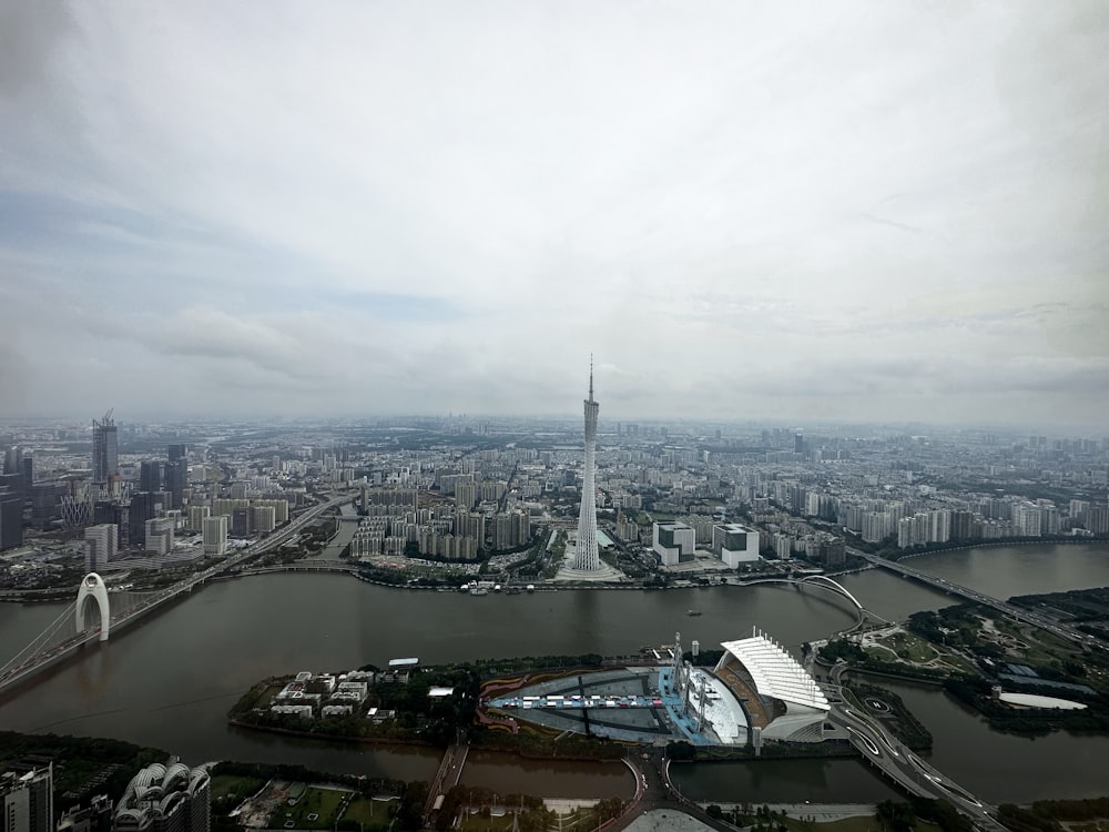 an aerial view of a city and a river