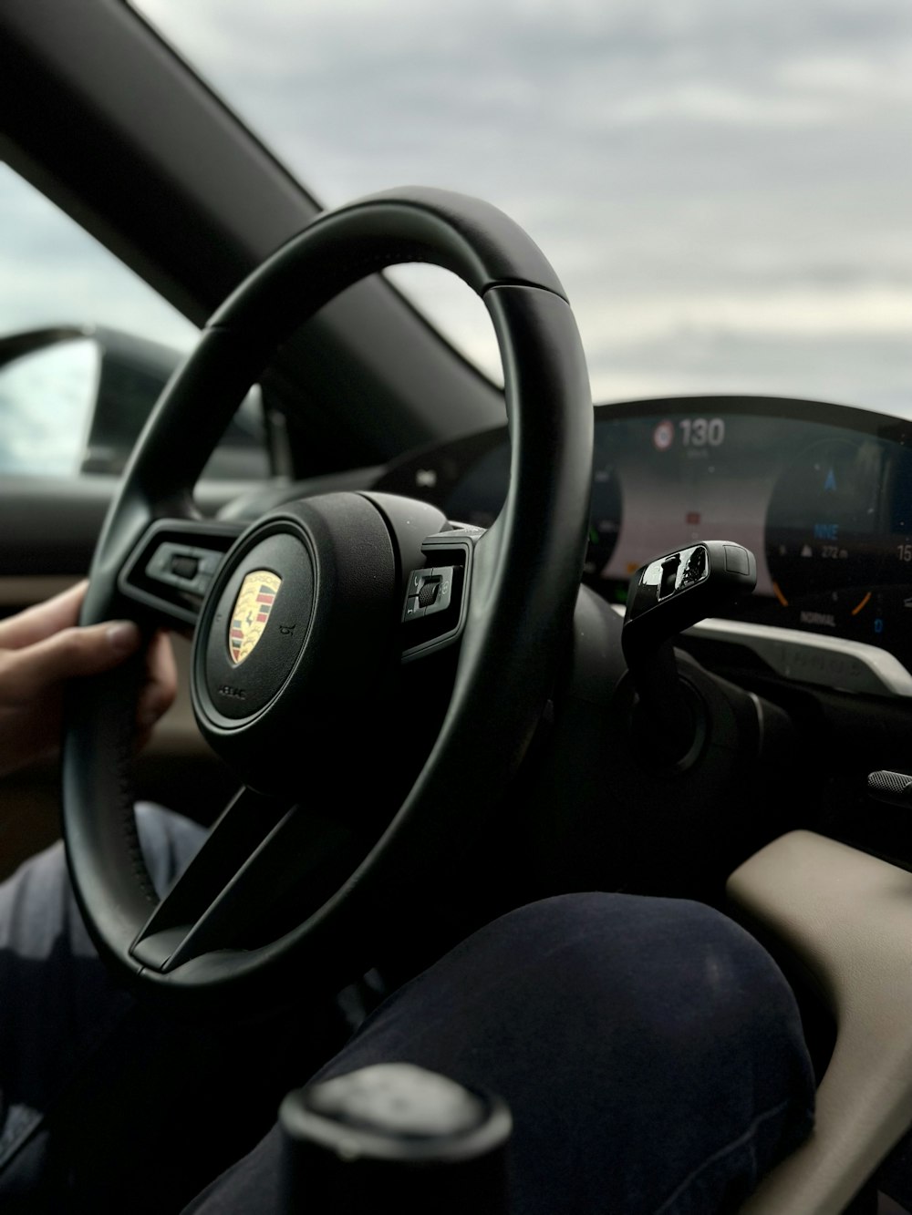 a person driving a car with a steering wheel