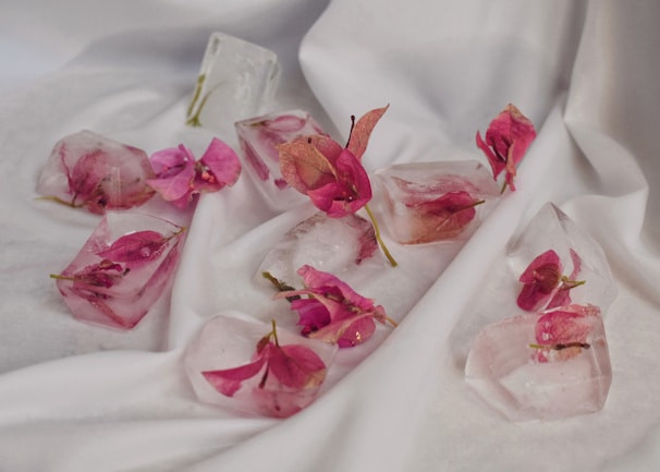 Several ice cubes containing pink flowers are scattered on a white, textured fabric surface. The delicate petals of the flowers are visible within the transparent ice, creating a contrast with the smooth, flowing background.