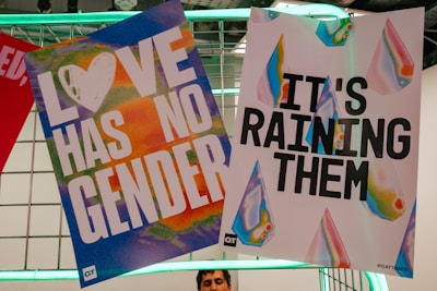 The image displays two posters attached to a wire mesh structure. The first poster on the left features the phrase 'Love Has No Gender' in bold white letters on a colorful, rainbow-like background with silhouettes of a heart. The second poster on the right reads 'It's Raining Them' in large black letters surrounded by prism-like shapes in vibrant colors. A green neon light can be seen in the background, along with part of a person's head.