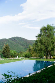 Outdoor swimming pool surrounded by greenery under a clear blue sky.