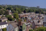 a city with lots of houses and a hill in the background