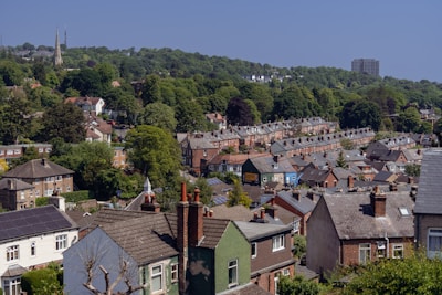 a city with lots of houses and a hill in the background