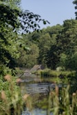 A tranquil scene of a small, rustic structure with a thatched roof nestled among lush green trees near a calm river. The river reflects the greenery, creating a serene and peaceful landscape. The foreground is framed by branches and leaves, enhancing the natural setting.