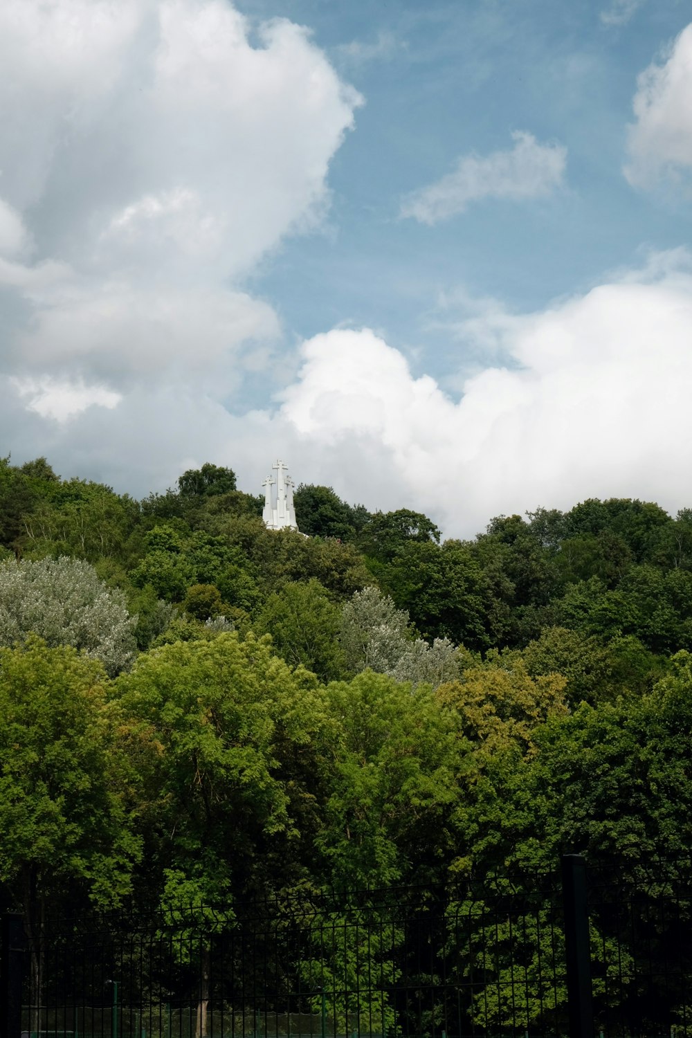 a view of a forest with a white tower in the distance