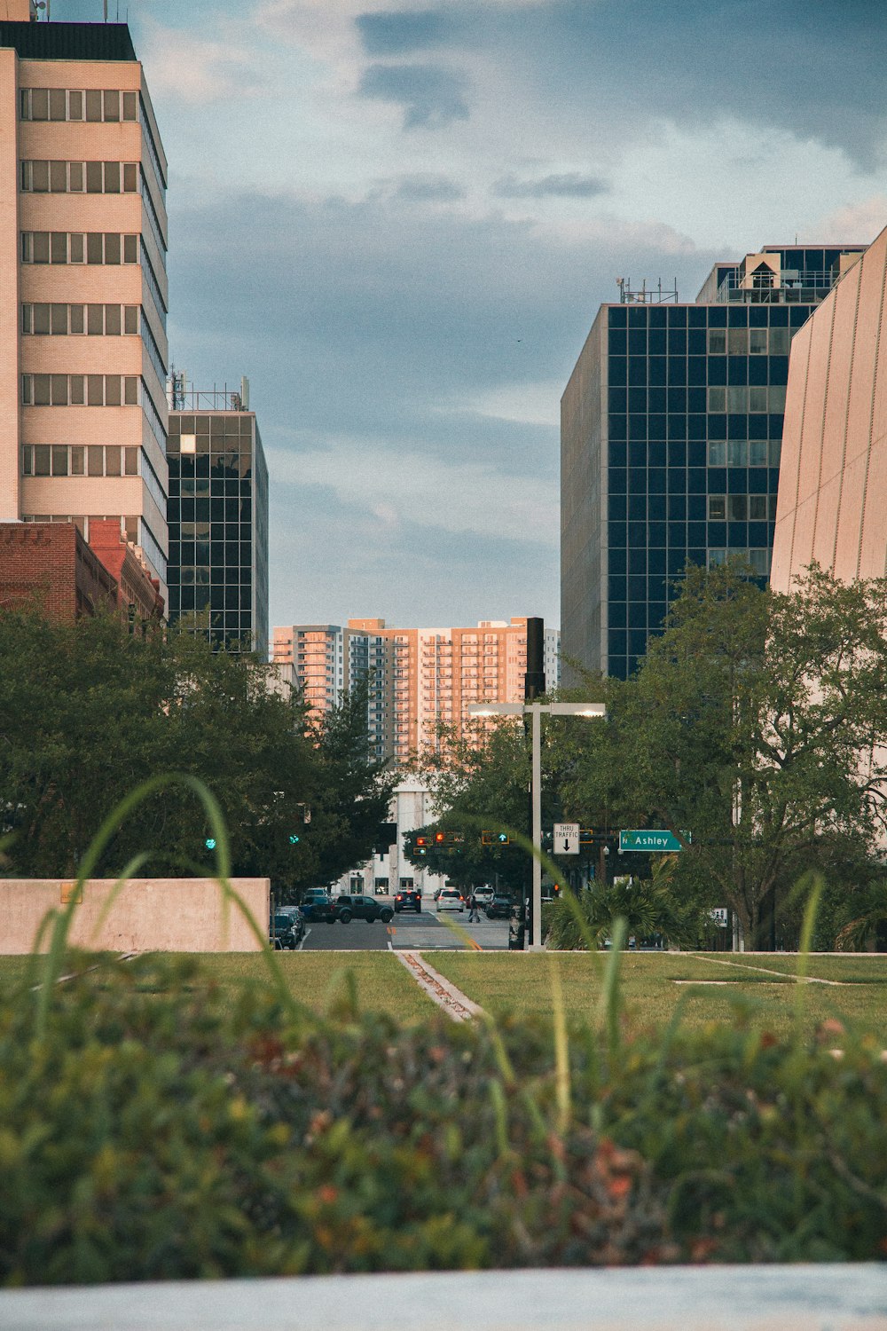 a view of a city street with tall buildings in the background