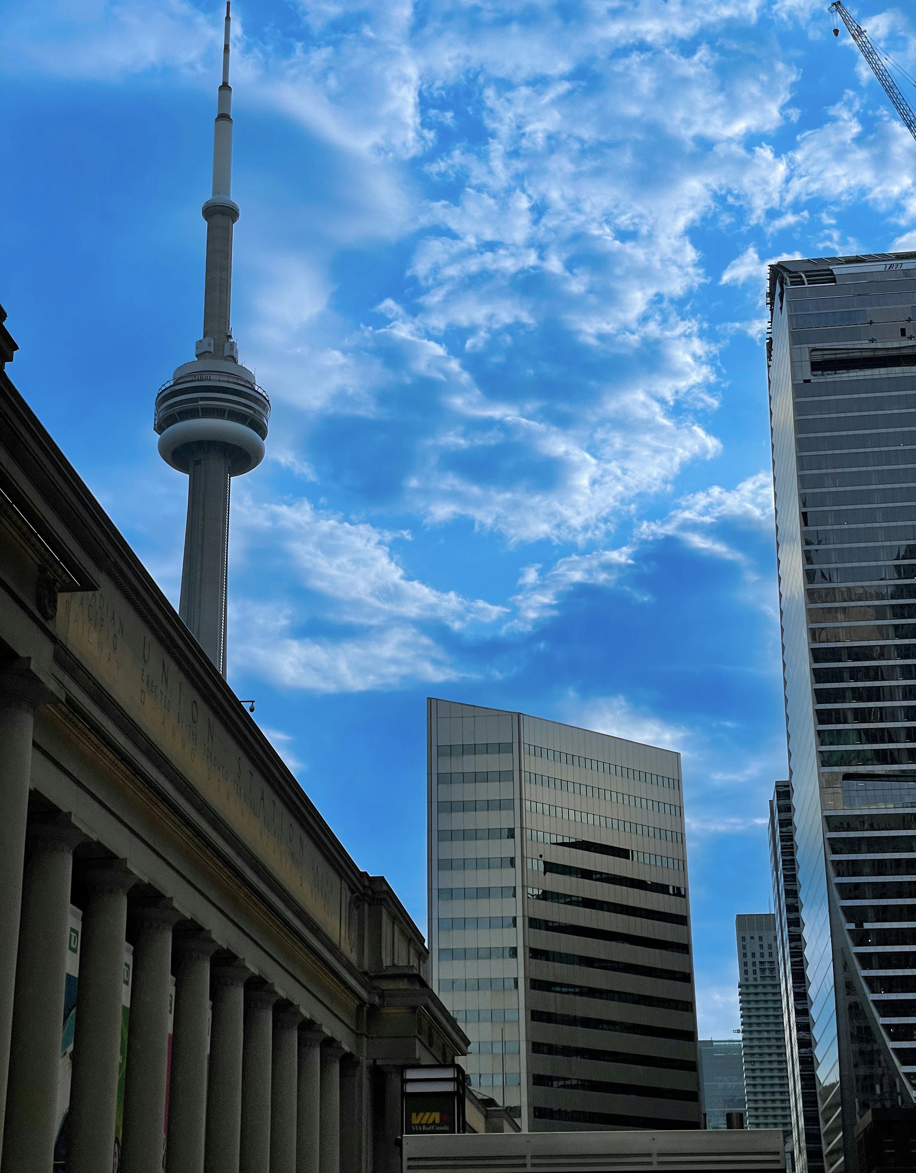 a view of a very tall building with a sky background