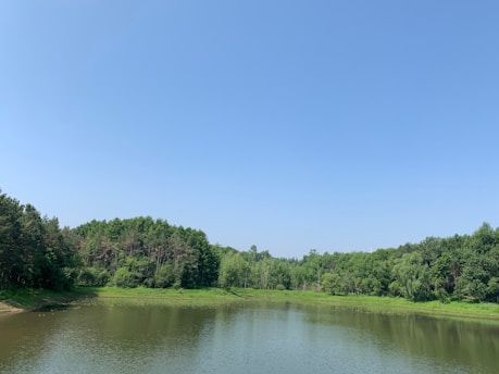 A serene landscape featuring a tranquil lake surrounded by lush green mountains under a clear blue sky.