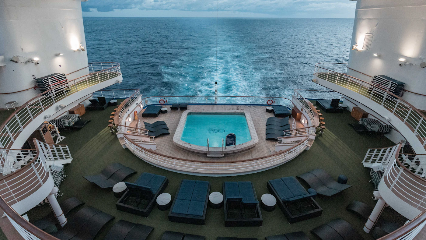 The open pool deck of a cruise ship, a reminder that ticket terms only bind passengers if they were reasonably communicated