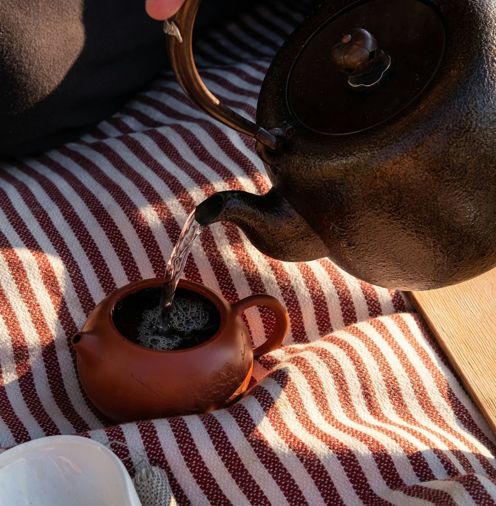 a person pours water into a teapot