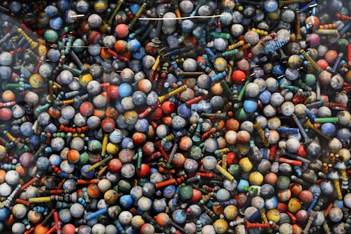 A collection of colorful game assets on display.