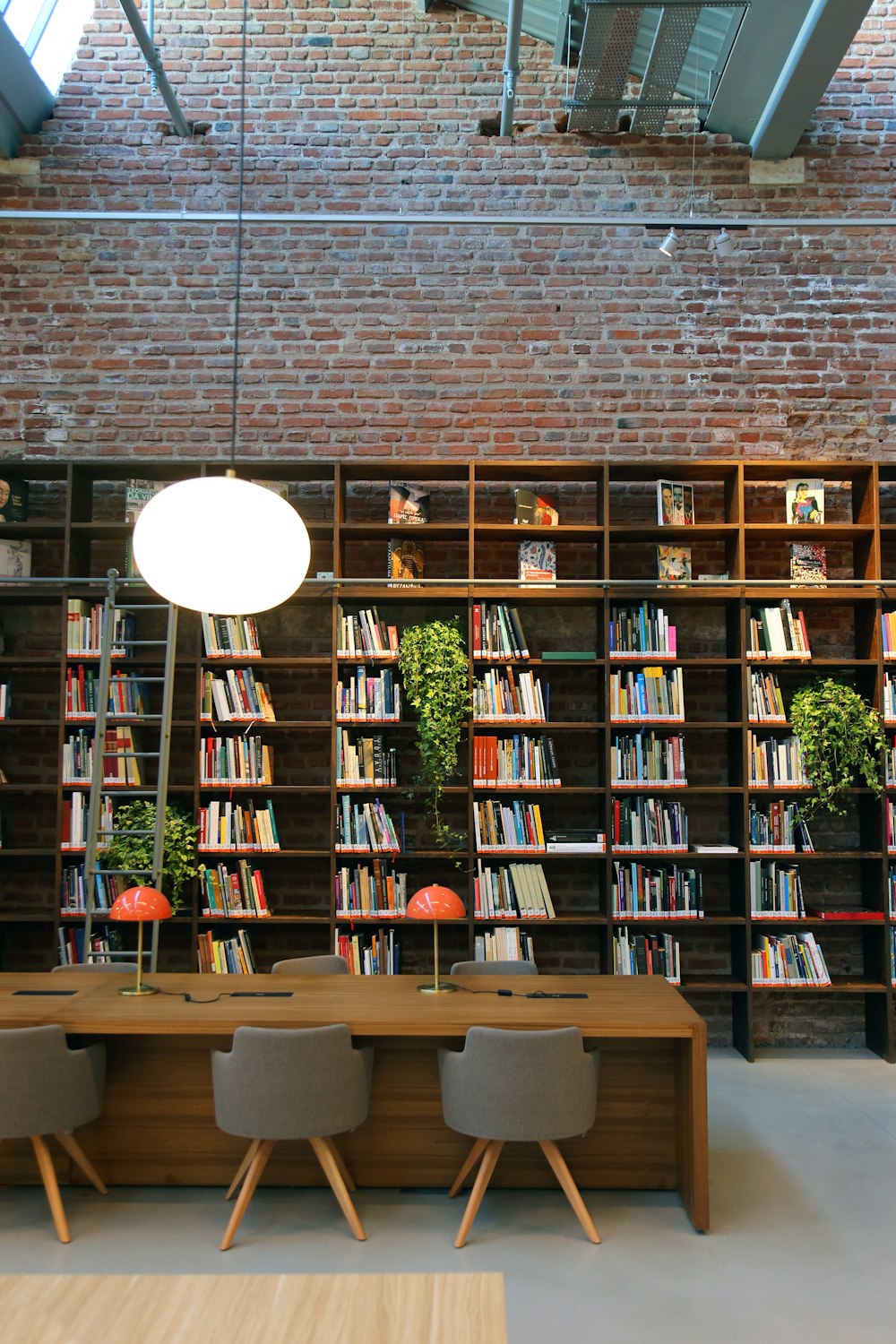 una biblioteca con una mesa larga y sillas