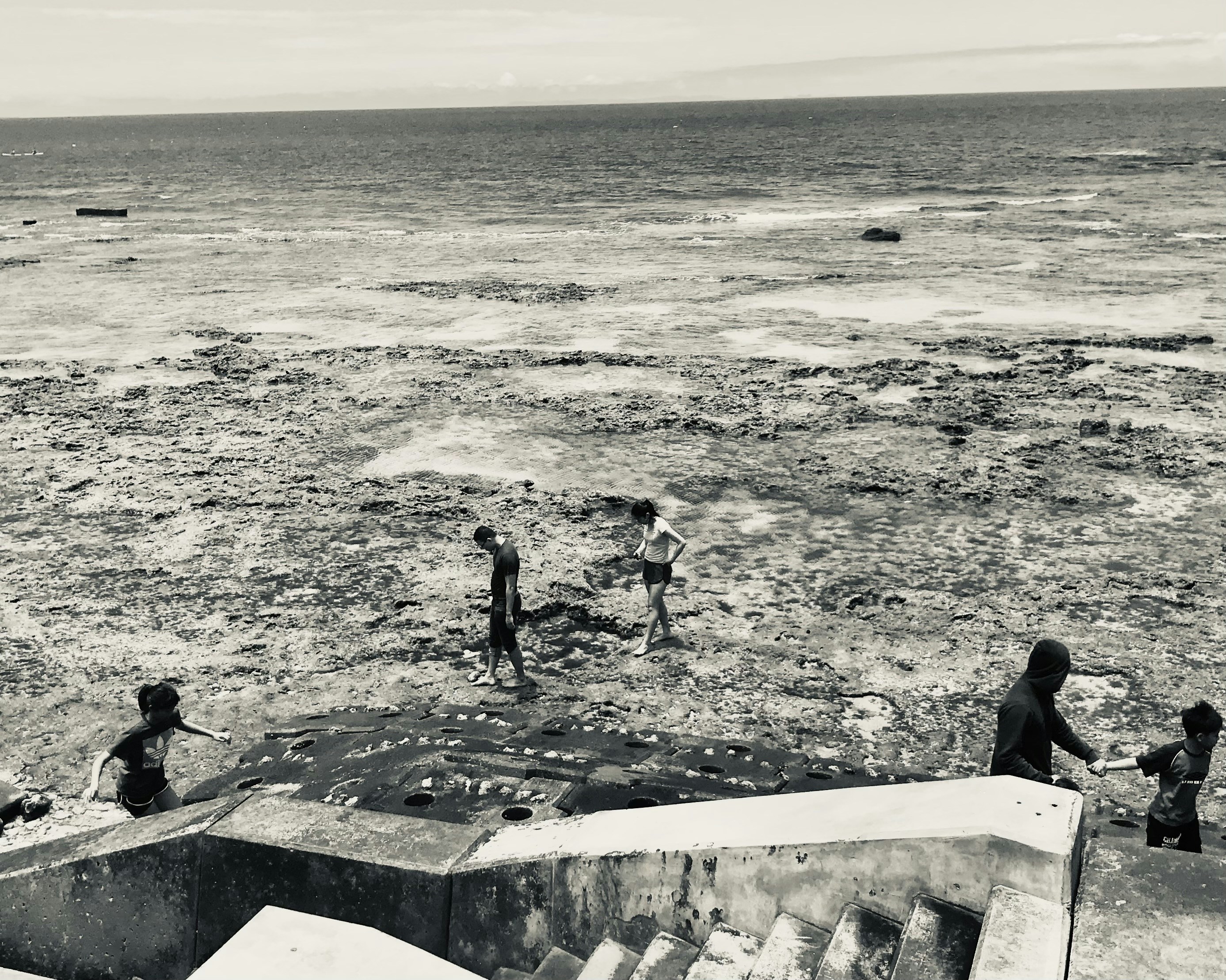 a group of people standing on top of a rocky beach
