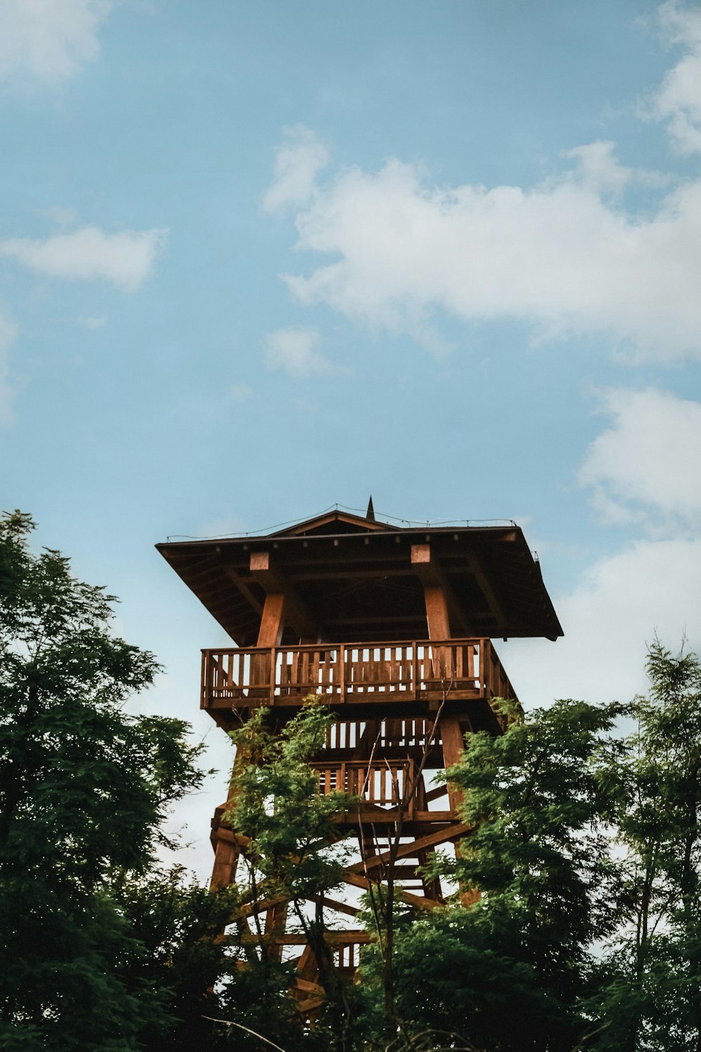 a tall wooden tower sitting above a forest