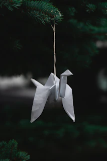 a white origami bird hanging from a pine tree