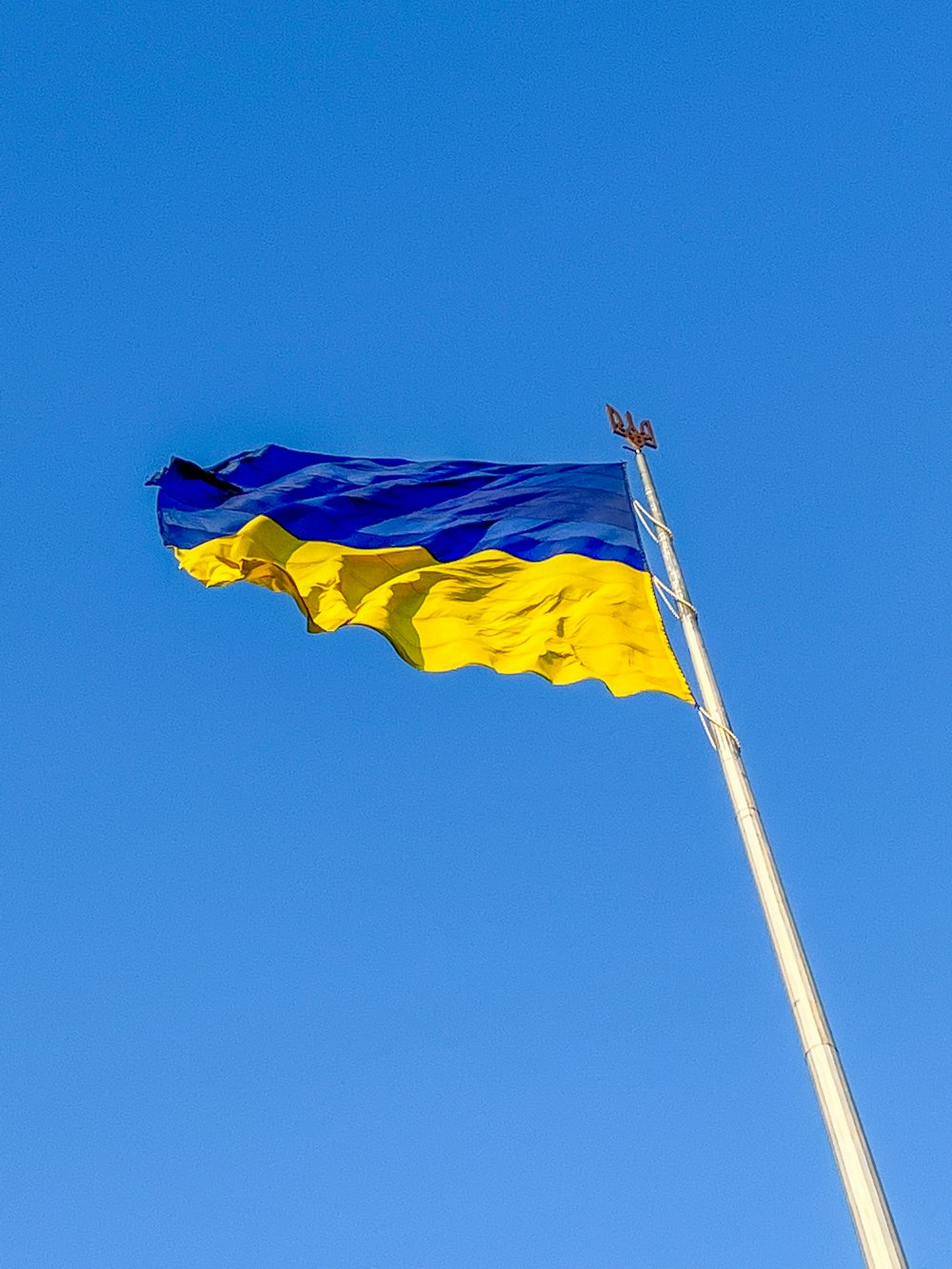 a blue and yellow flag flying high in the sky