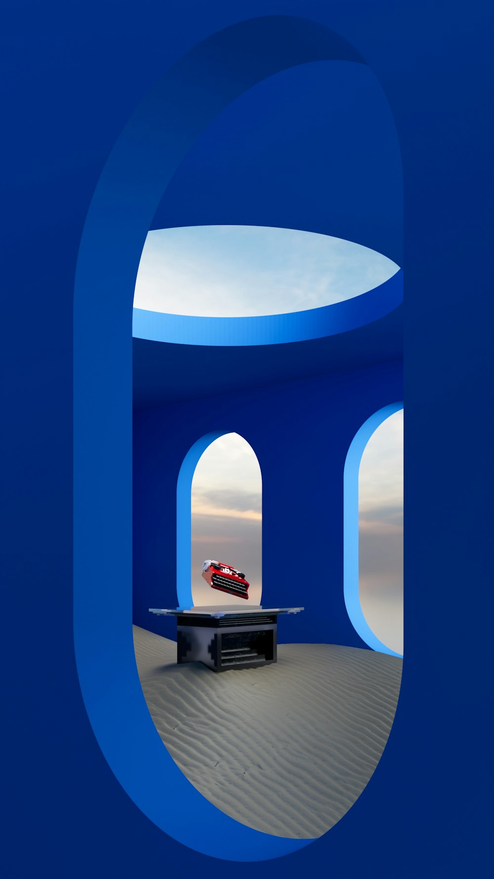 a blue room with a car in the middle of it