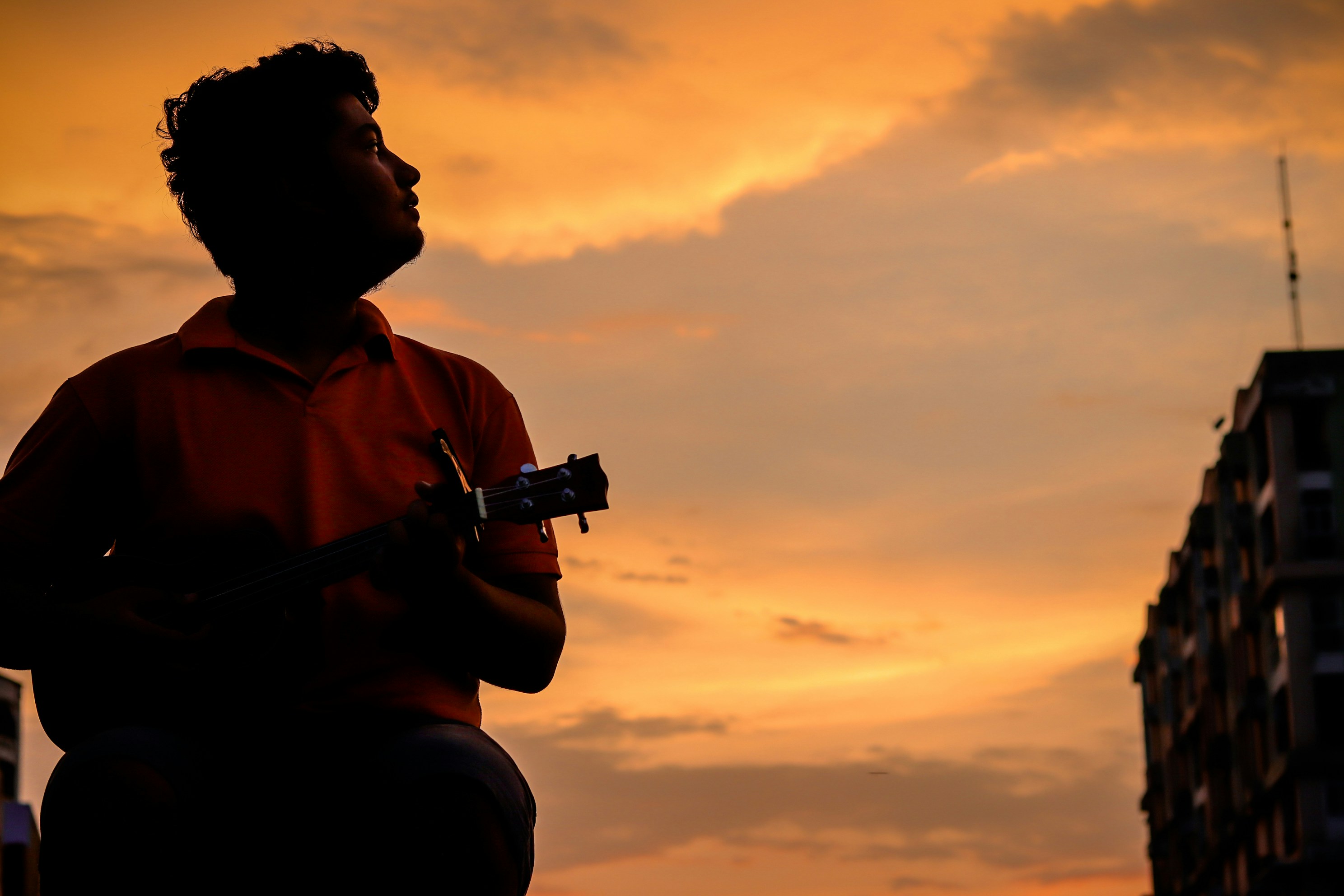 a silhouette of a man playing a guitar in front of a sunset
