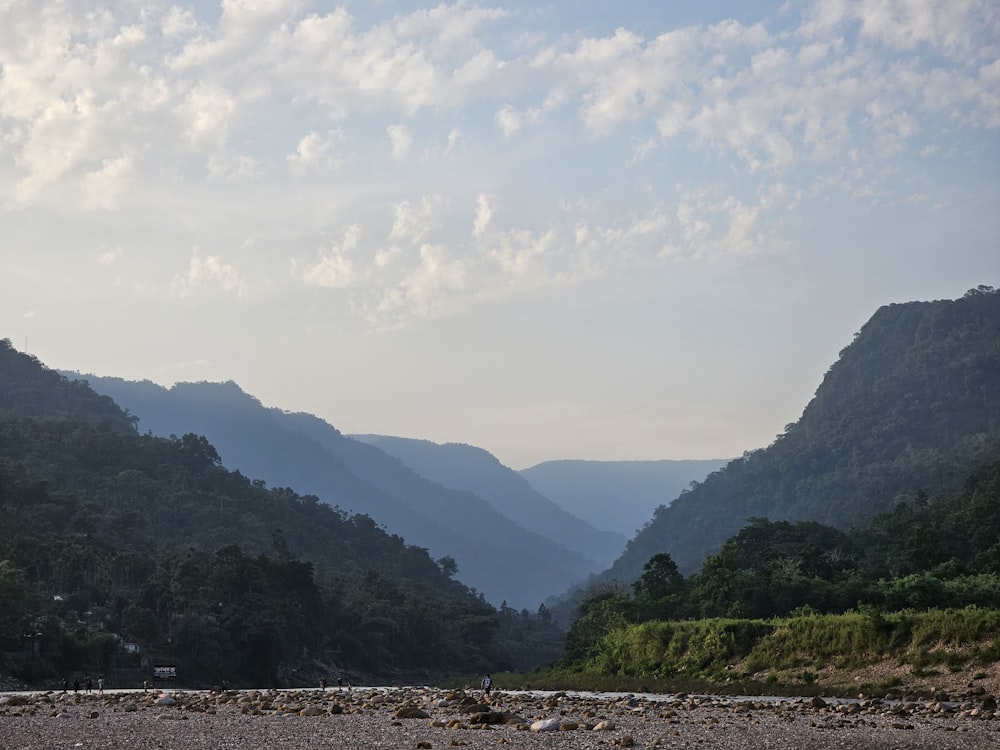 a view of a valley with mountains in the background