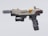 A futuristic or sci-fi handgun with a sleek, modern design. The gun features a textured barrel, a combination of metallic and matte surfaces, and a few colored accents. Visible wiring and mechanical components give it a high-tech appearance.