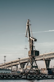 A large industrial crane stands prominently against a backdrop of a bridge and several buildings. The crane's metal structure is detailed, and it appears to be positioned at a dockside or port. The bridge features curving barriers with multiple struts.