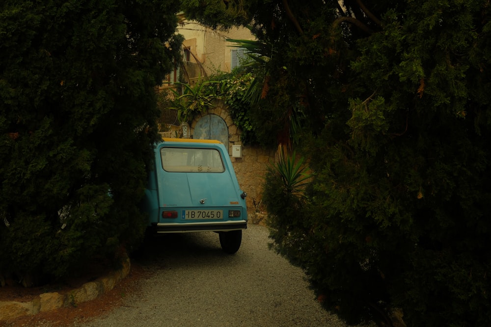 a small blue car parked in between two trees