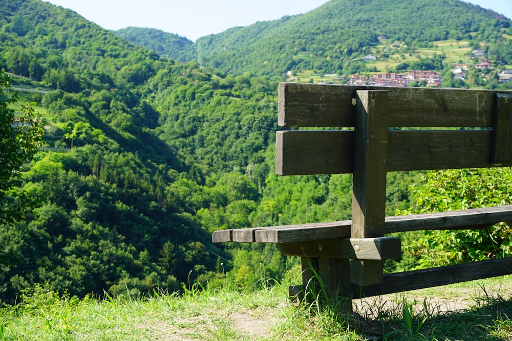 um banco de madeira sentado no topo de uma colina verde exuberante