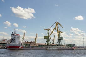 A large cargo ship is docked at an industrial port. The ship is marked with the name 'WAGENBORG' and appears to be loaded with green containers. Several large yellow cranes are positioned over the ship for loading and unloading purposes. The port facilities include warehouses and other industrial buildings, and there is a partly cloudy sky above.