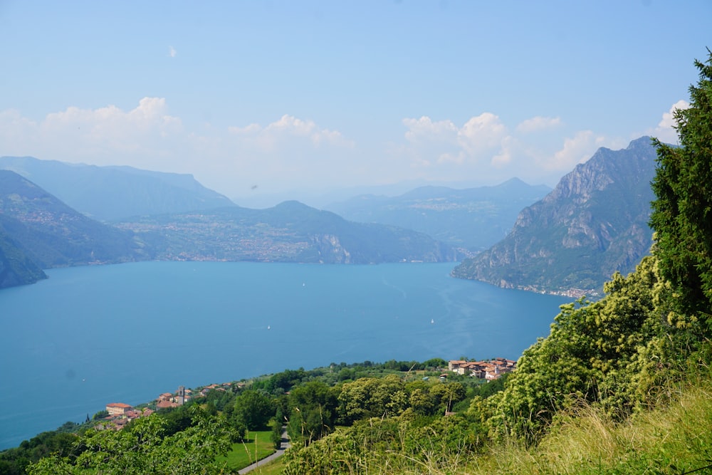 a scenic view of a lake surrounded by mountains