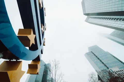 A large blue euro symbol with yellow stars is prominently displayed against the backdrop of modern skyscrapers and a cloudy sky. The buildings are tall and glass-covered, reaching into the mist, creating a sense of height and modern architecture. Bare tree branches are visible at the bottom, adding contrast to the urban scene.