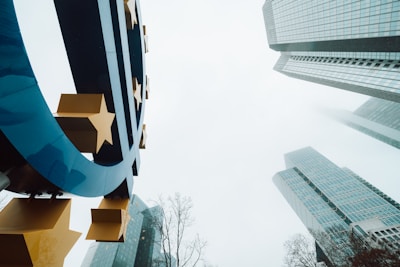 A large blue euro symbol with yellow stars is prominently displayed against the backdrop of modern skyscrapers and a cloudy sky. The buildings are tall and glass-covered, reaching into the mist, creating a sense of height and modern architecture. Bare tree branches are visible at the bottom, adding contrast to the urban scene.