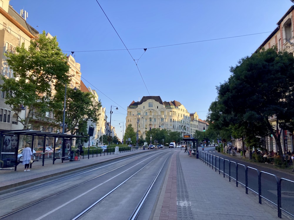 a train track running through a city street