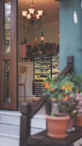 A cozy, inviting setting featuring a chic chandelier illuminating the interior. A glass display case filled with pastries is visible, alongside various plants and decorative items enhancing the ambiance. The entrance includes a few steps leading up, bordered by potted plants, adding a touch of greenery.