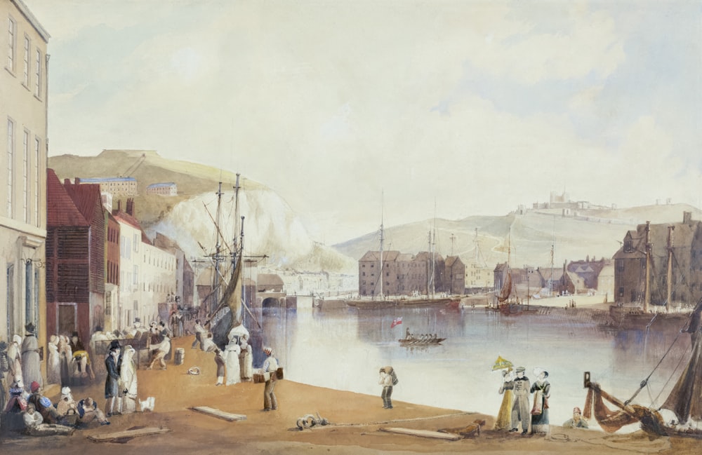 a painting of a harbor with people on the shore