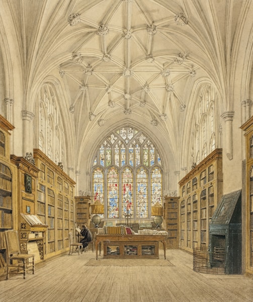 Anahita Diamond thoughtfully reading archival manuscripts in a sunlit room filled with books.