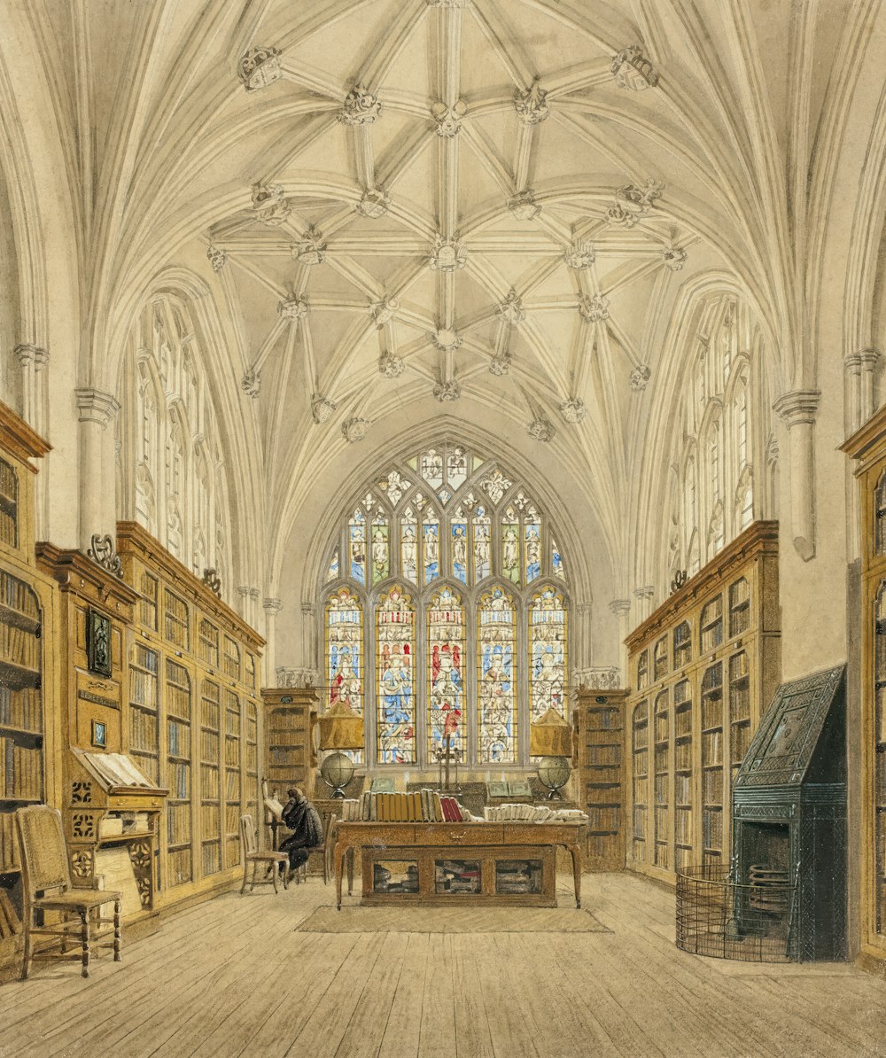 a drawing of a library with a large window