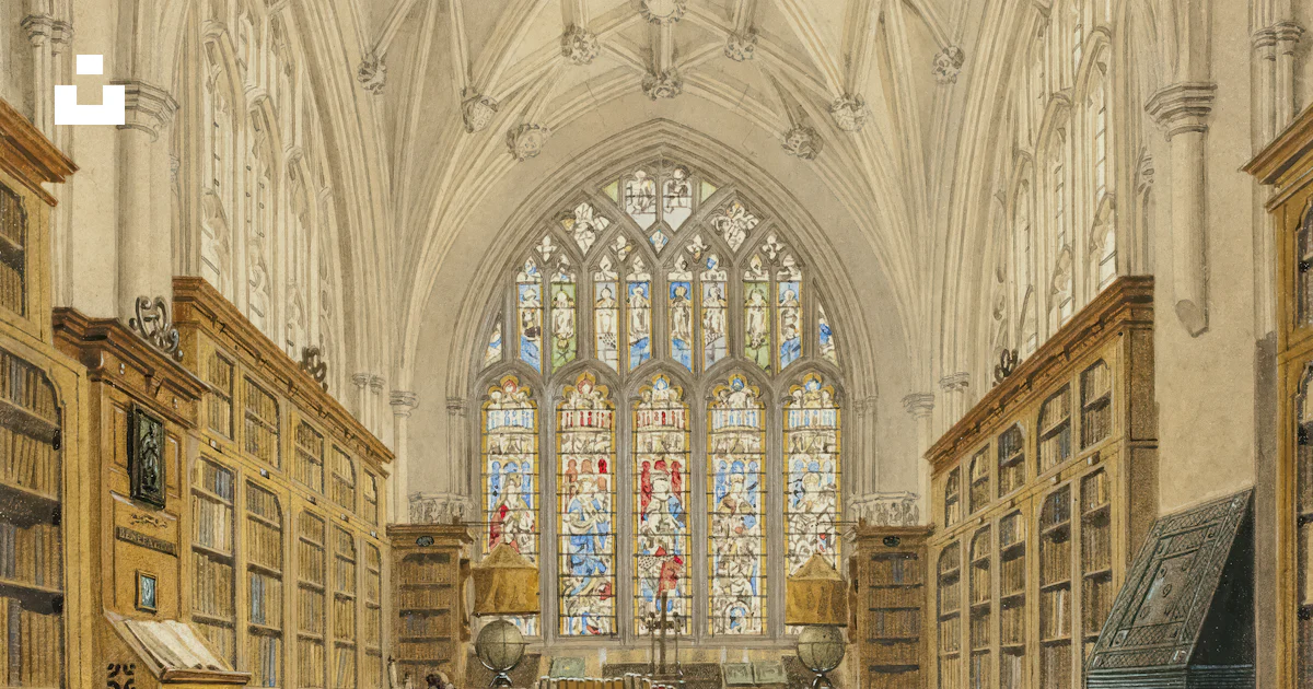 A drawing of a library with a large window photo – Free Piece of art ...