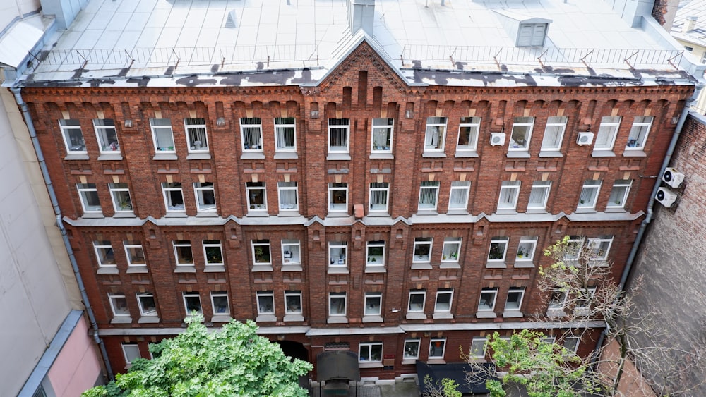 an aerial view of a building with many windows