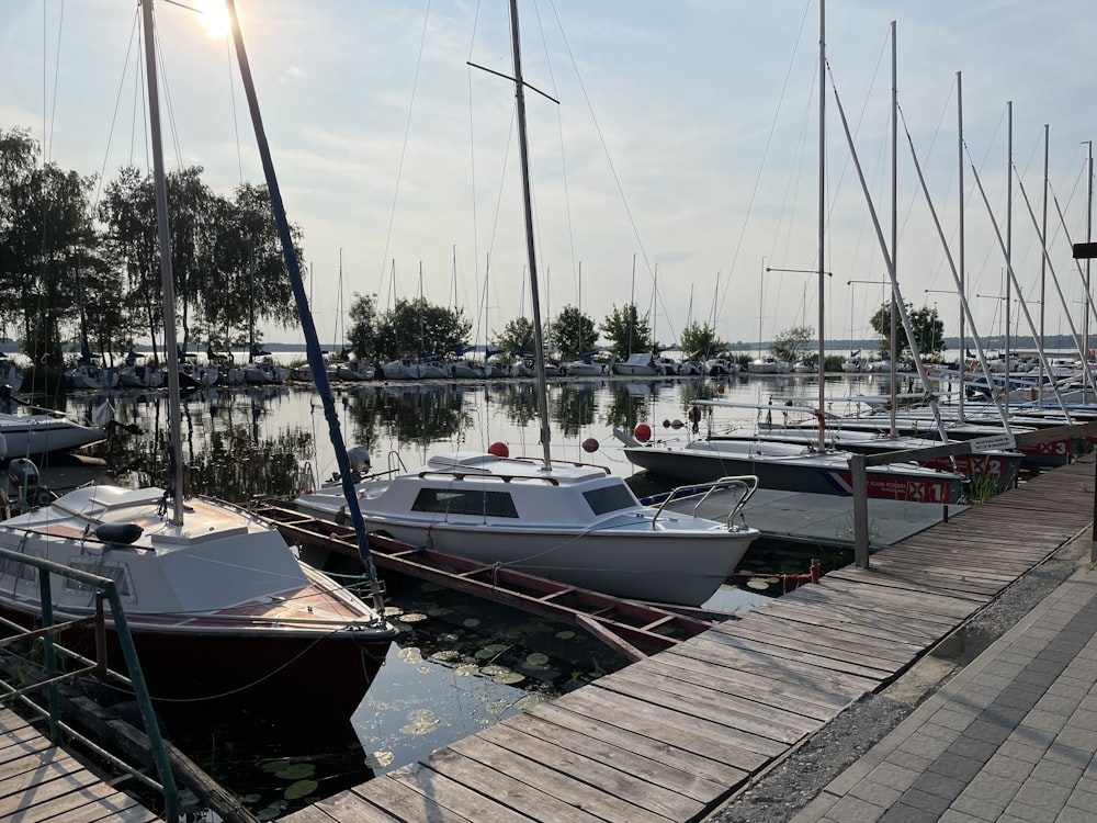 several boats are docked at a dock in the water