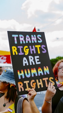 A close-up of a trans rights protest sign illuminated by soft evening light.