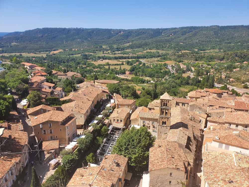 an aerial view of a village in the mountains