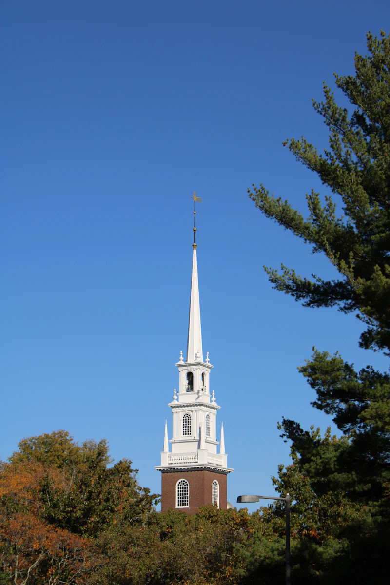 The white steeple of Harvard’s Memorial Church in Cambridge