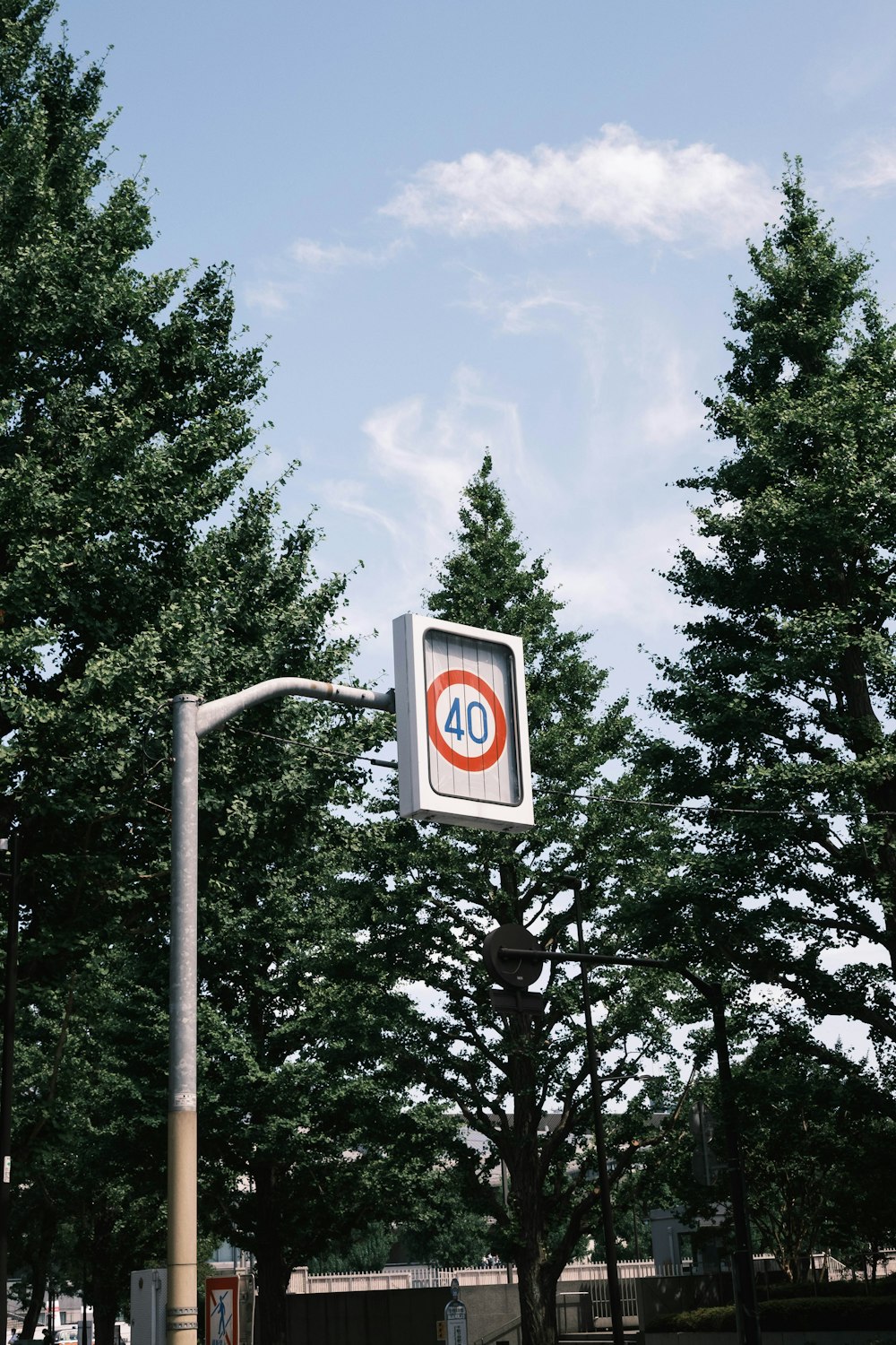 a street sign on a pole with trees in the background