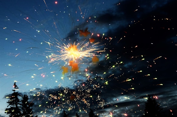 A brilliant display of fireworks lights up the night sky, with vibrant sparks and trails emanating from a central burst. The sky is decorated with hues of orange, yellow, green, and red against a backdrop of dark clouds. Silhouetted trees are visible at the bottom, enhancing the contrast with the bright pyrotechnics.
