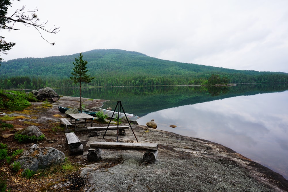 a bench sitting on the shore of a lake